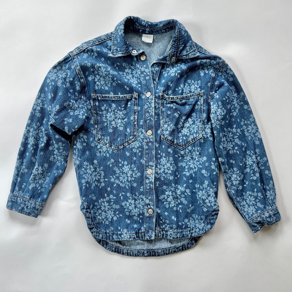 ZARA Kids Floral Print Denim Blue Jacket  - Size Kids 10